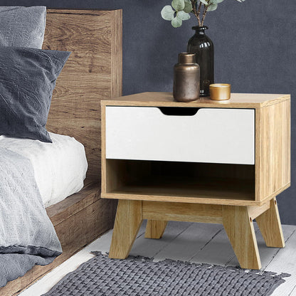 Artiss Bedside Table 1 Drawer with Shelf - IKER White &amp; Oak-Bedside Tables-PEROZ Accessories