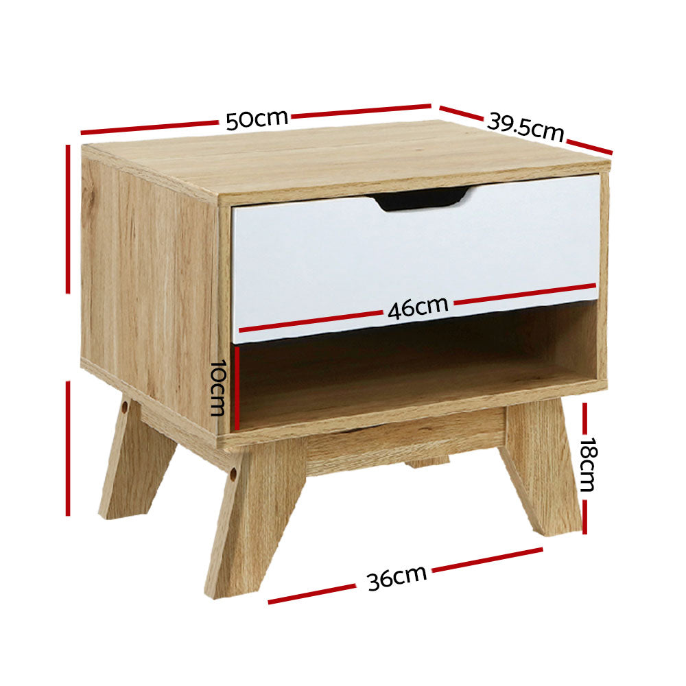 Artiss Bedside Table 1 Drawer with Shelf - IKER White &amp; Oak-Bedside Tables-PEROZ Accessories