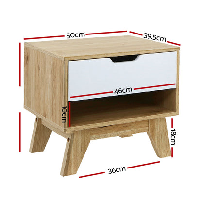 Artiss Bedside Table 1 Drawer with Shelf - IKER White &amp; Oak-Bedside Tables-PEROZ Accessories