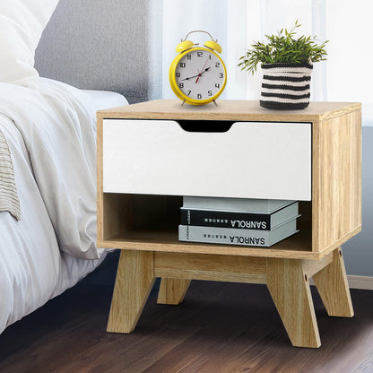 Artiss Bedside Table 1 Drawer with Shelf - IKER White &amp; Oak-Bedside Tables-PEROZ Accessories