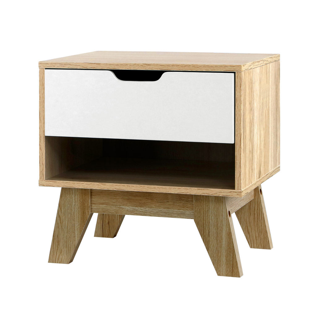 Artiss Bedside Table 1 Drawer with Shelf - IKER White &amp; Oak-Bedside Tables-PEROZ Accessories