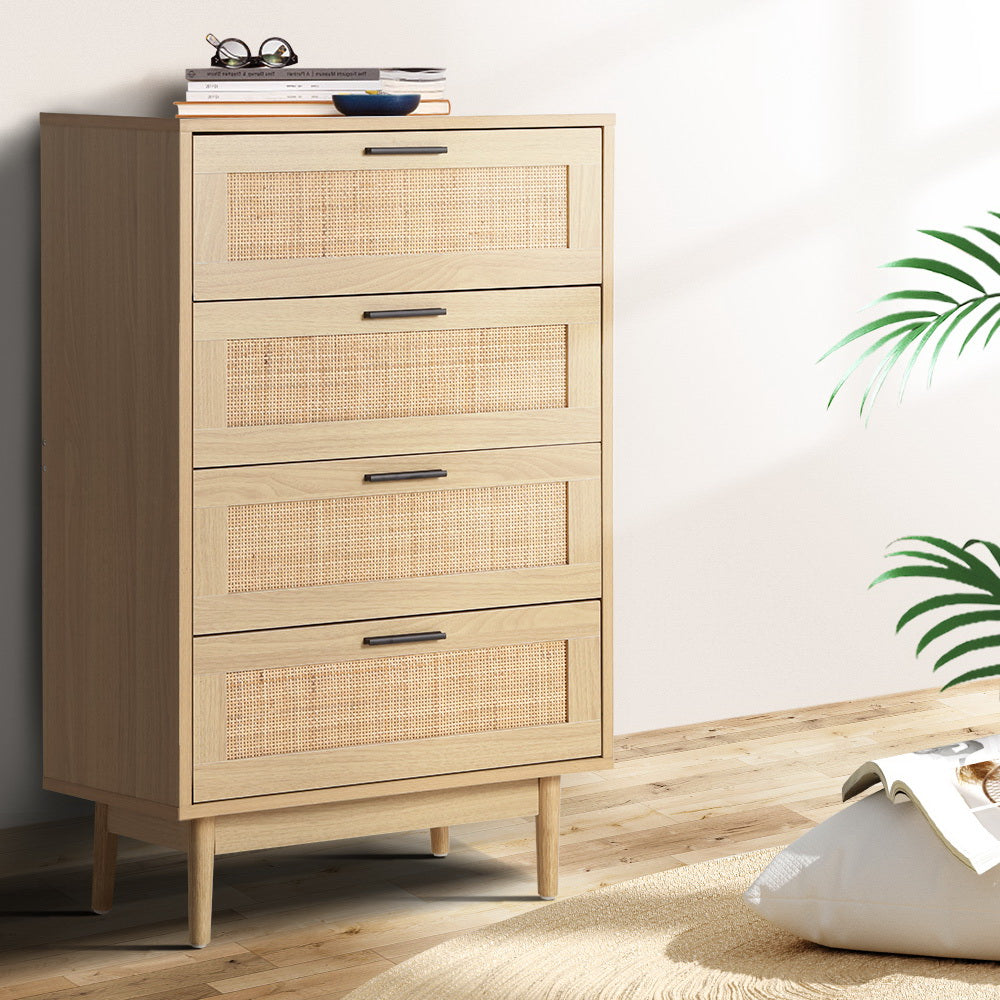 Artiss 4 Chest of Drawers Rattan Tallboy Pine - BRIONY-Furniture &gt; Living Room-PEROZ Accessories