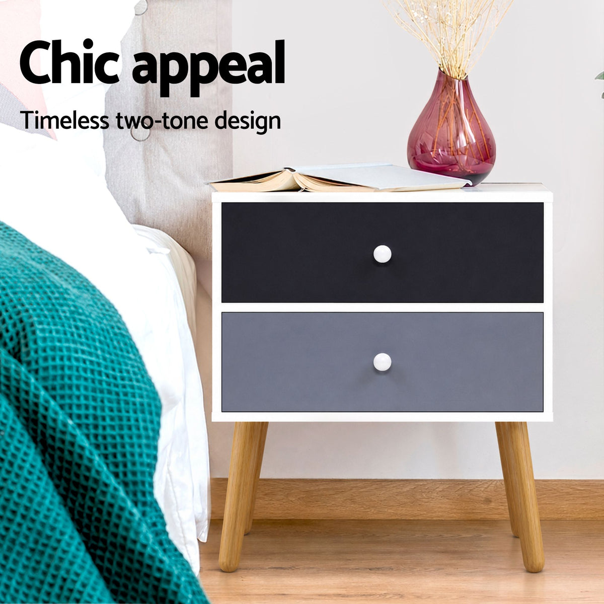 Artiss Bedside Table 2 Drawers - BONDS White-Bedside Tables-PEROZ Accessories
