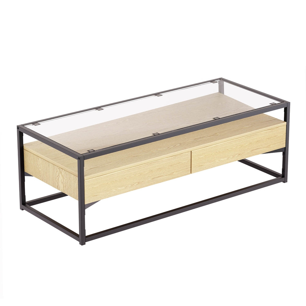 Artiss Coffee Table 2 Drawers Glass Tabletop Pine-Furniture &gt; Living Room-PEROZ Accessories