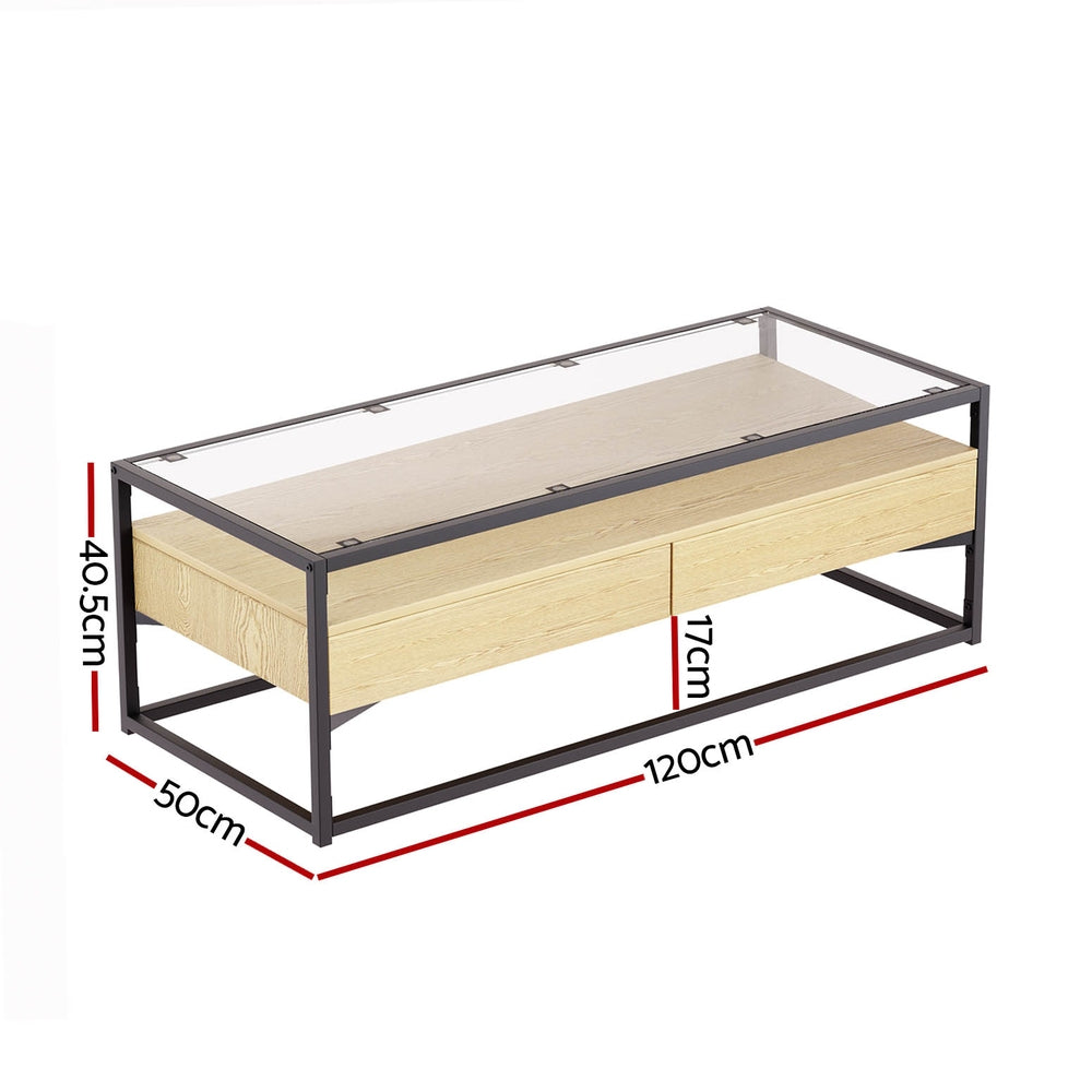 Artiss Coffee Table 2 Drawers Glass Tabletop Pine-Furniture &gt; Living Room-PEROZ Accessories