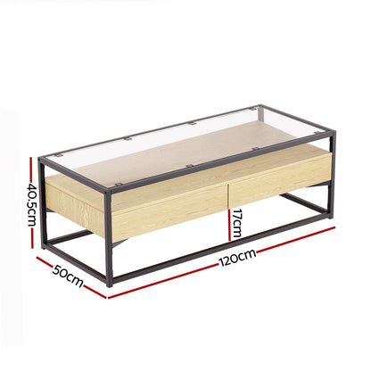 Artiss Coffee Table 2 Drawers Glass Tabletop Pine-Furniture &gt; Living Room-PEROZ Accessories