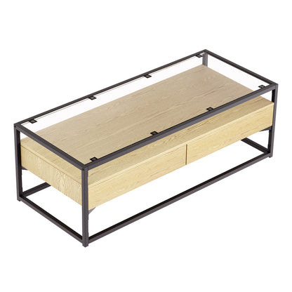 Artiss Coffee Table 2 Drawers Glass Tabletop Pine-Furniture &gt; Living Room-PEROZ Accessories