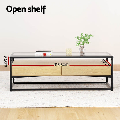 Artiss Coffee Table 2 Drawers Glass Tabletop Pine-Furniture &gt; Living Room-PEROZ Accessories