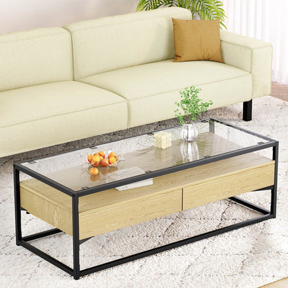 Artiss Coffee Table 2 Drawers Glass Tabletop Pine-Furniture &gt; Living Room-PEROZ Accessories