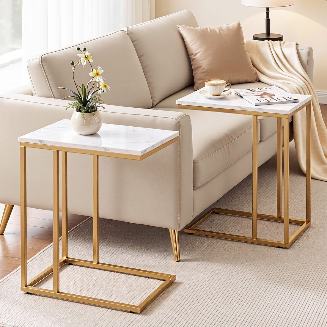 Artiss C Shaped End Table Set of 2 Coffee Table Side Table White &amp; Gold-Furniture > Living Room > Coffee Tables-PEROZ Accessories