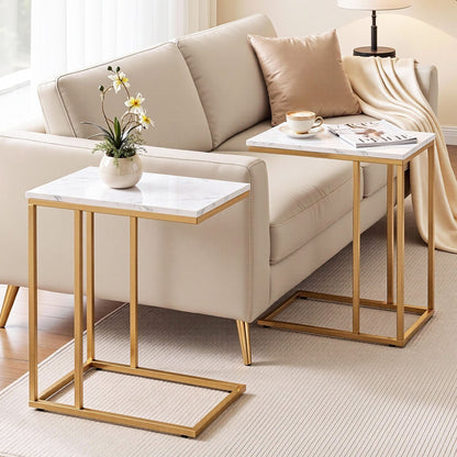 Artiss C Shaped End Table Set of 2 Coffee Table Side Table White &amp; Gold