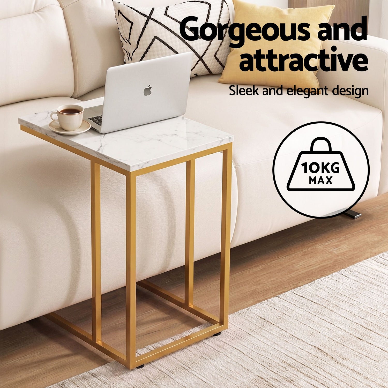 Artiss C Shaped End Table Set of 2 Coffee Table Side Table White &amp; Gold