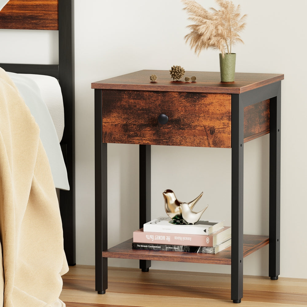 Artiss Bedside Table Nightstand 1 Drawer Shelves Walnut-Furniture &gt; Bedroom &gt; Bedside Tables-PEROZ Accessories