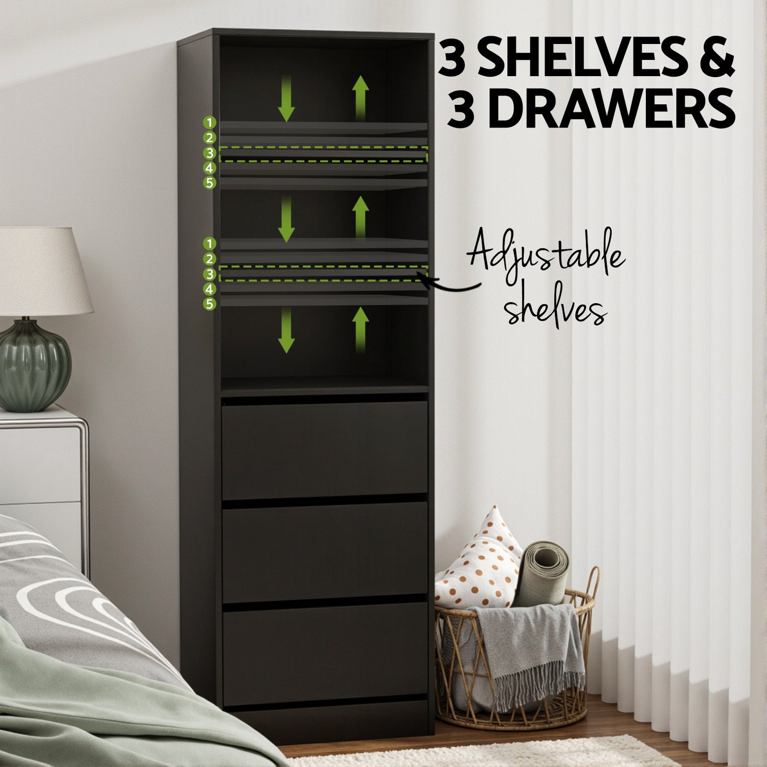 Artiss 3 Chest of Drawers Tallboy Cabinet Black-Furniture > Bedroom > Dressers-PEROZ Accessories