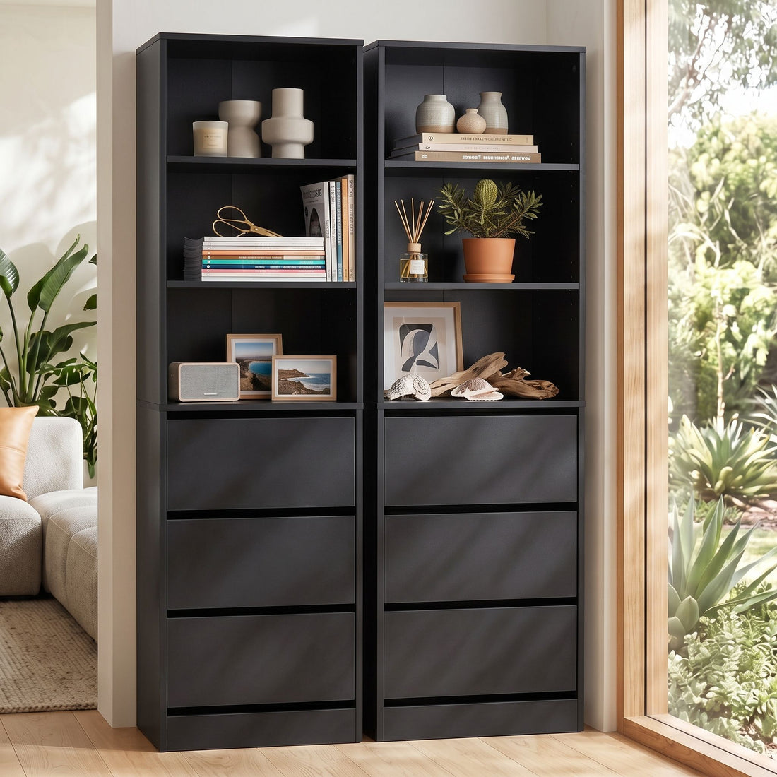 Artiss 2x Chest of 3 Drawers Tallboy Cabinet Black-Furniture > Bedroom > Dressing Vanity &amp; Dressing Tables-PEROZ Accessories