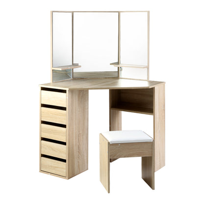 Artiss Dressing Table Stool Set Corner 5 Drawers Oak-Dressing Tables-PEROZ Accessories