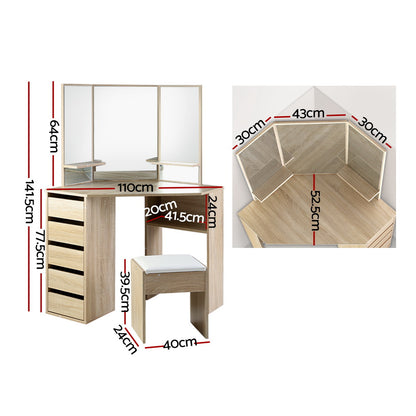 Artiss Dressing Table Stool Set Corner 5 Drawers Oak-Dressing Tables-PEROZ Accessories