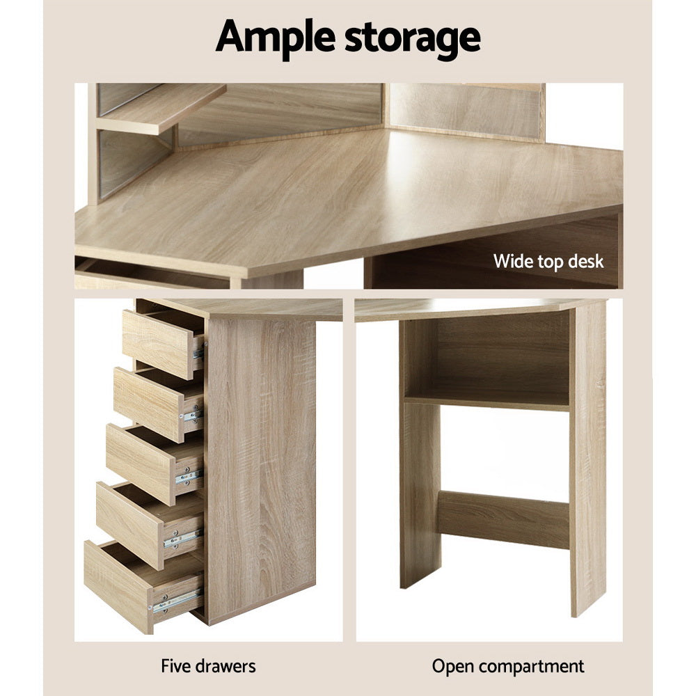 Artiss Dressing Table Stool Set Corner 5 Drawers Oak-Dressing Tables-PEROZ Accessories