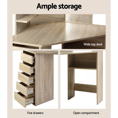 Artiss Dressing Table Stool Set Corner 5 Drawers Oak-Dressing Tables-PEROZ Accessories