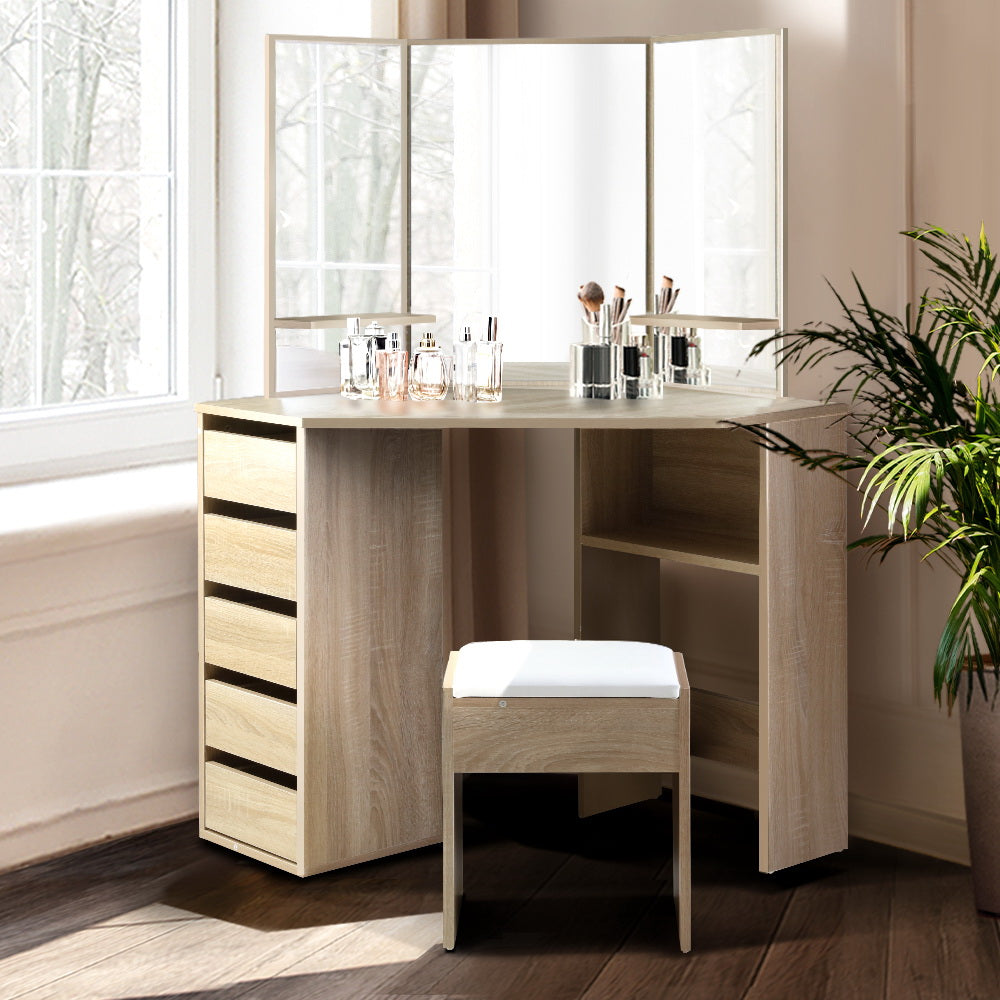 Artiss Dressing Table Stool Set Corner 5 Drawers Oak-Dressing Tables-PEROZ Accessories