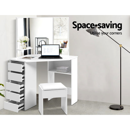 Artiss Dressing Table Stool Set Corner 5 Drawers White-Dressing Tables-PEROZ Accessories