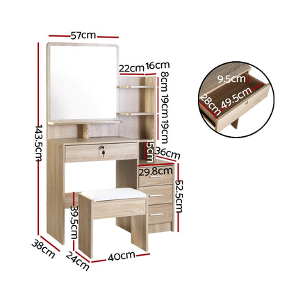 Artiss Dressing Table Stool Set 4 Drawers Oak-Dressing Tables-PEROZ Accessories