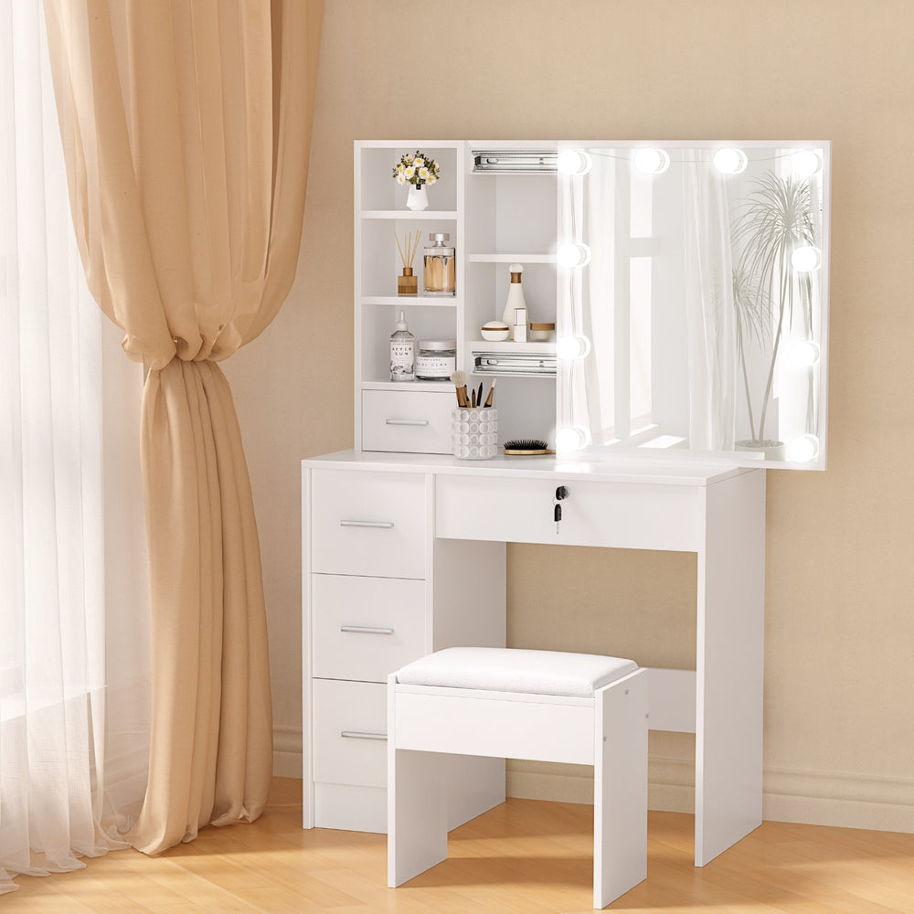 Artiss Dressing Table Set Stool 10 Led Bulbs White Dylan-Furniture &gt; Bedroom-PEROZ Accessories