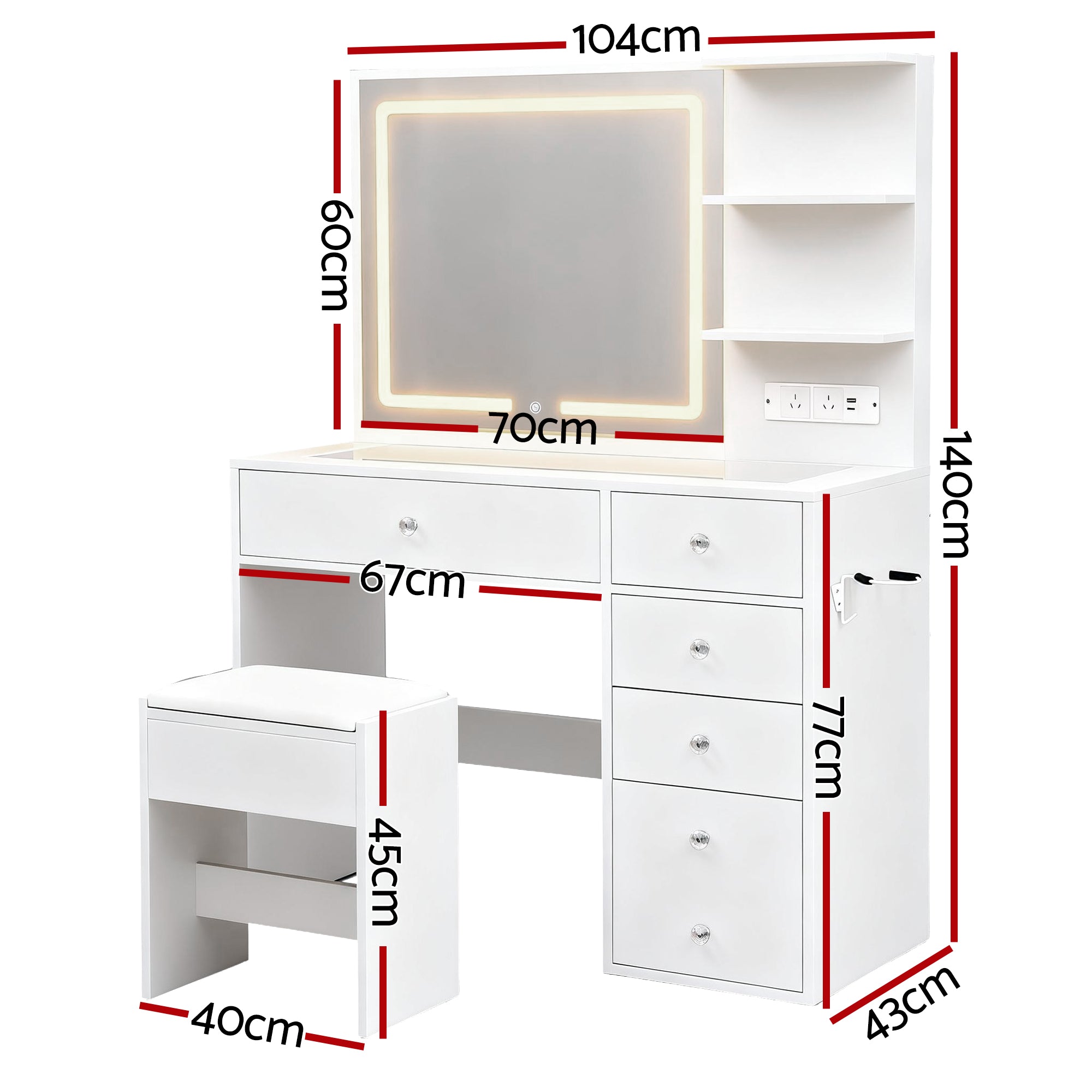 Artiss Dressing Table LED Vanity Desk Set Stool White-Furniture > Bedroom > Dressing Vanity &amp; Dressing Tables-PEROZ Accessories