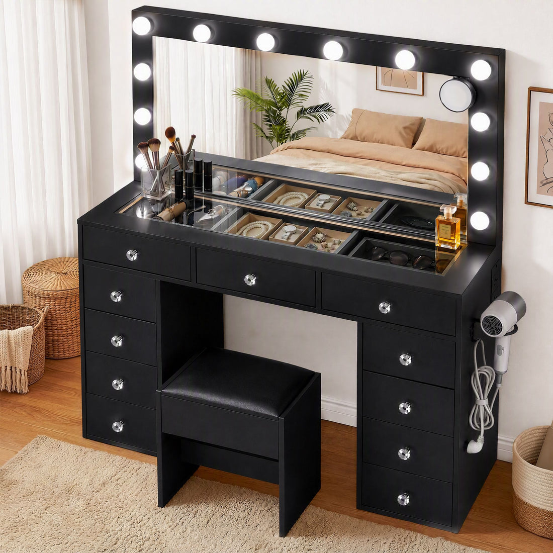 Artiss Dressing Table Charging Station LED Vanity Desk Set Stool Glass Top Make up Mirror Storage Drawer Black-Furniture > Bedroom > Dressing Vanity &amp; Dressing Tables-PEROZ Accessories