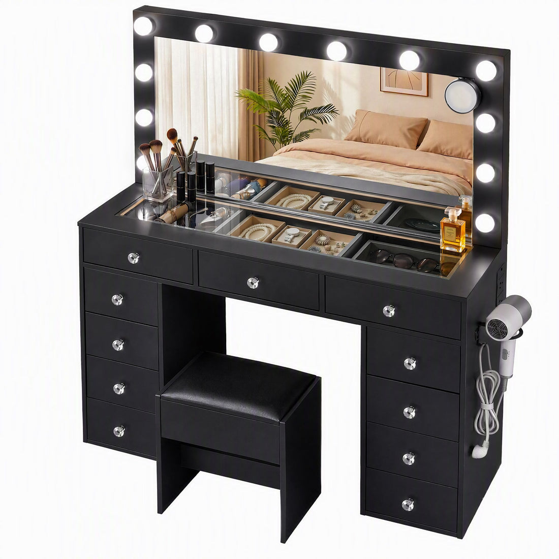 Artiss Dressing Table Charging Station LED Vanity Desk Set Stool Glass Top Make up Mirror Storage Drawer Black-Furniture > Bedroom > Dressing Vanity &amp; Dressing Tables-PEROZ Accessories