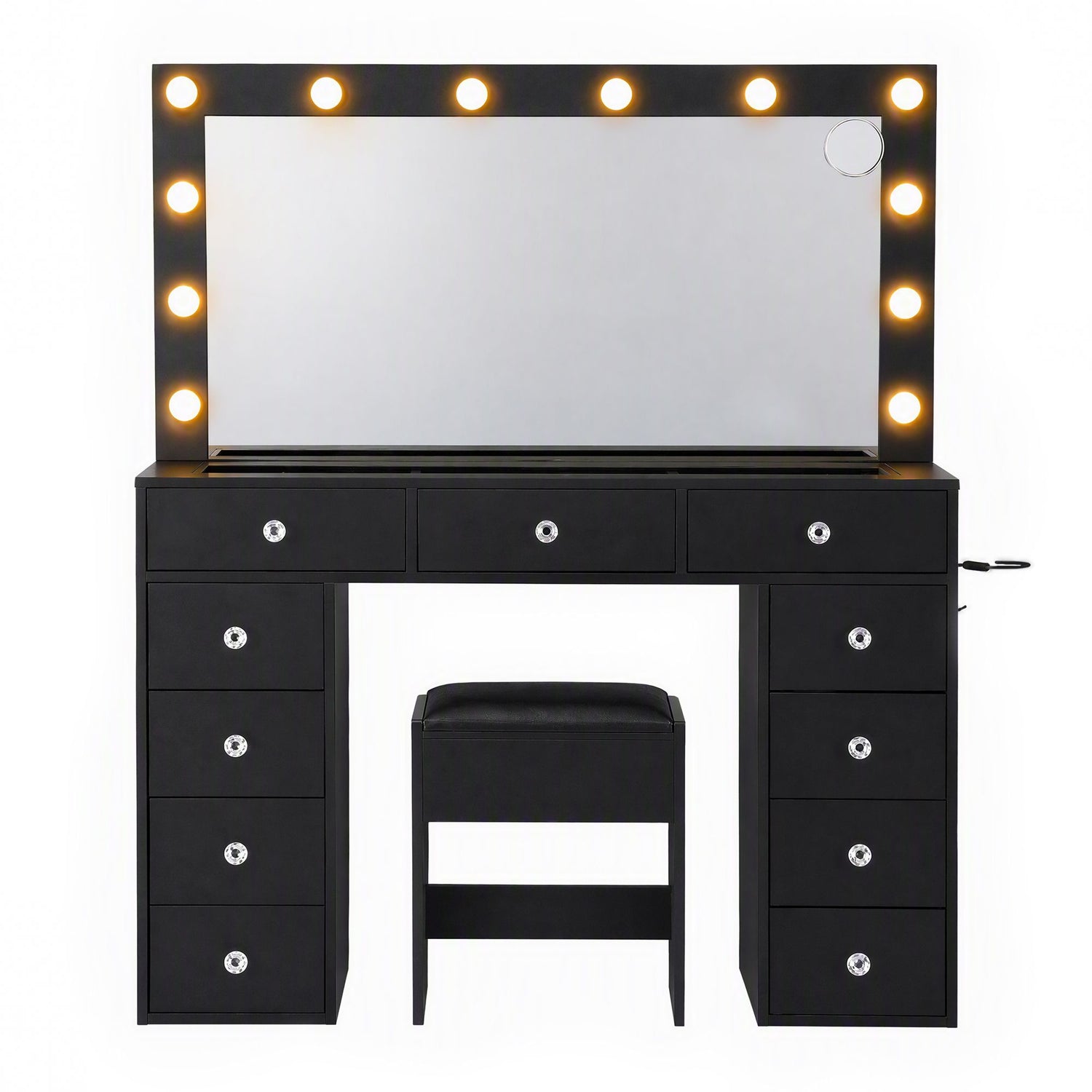 Artiss Dressing Table Charging Station LED Vanity Desk Set Stool Glass Top Make up Mirror Storage Drawer Black