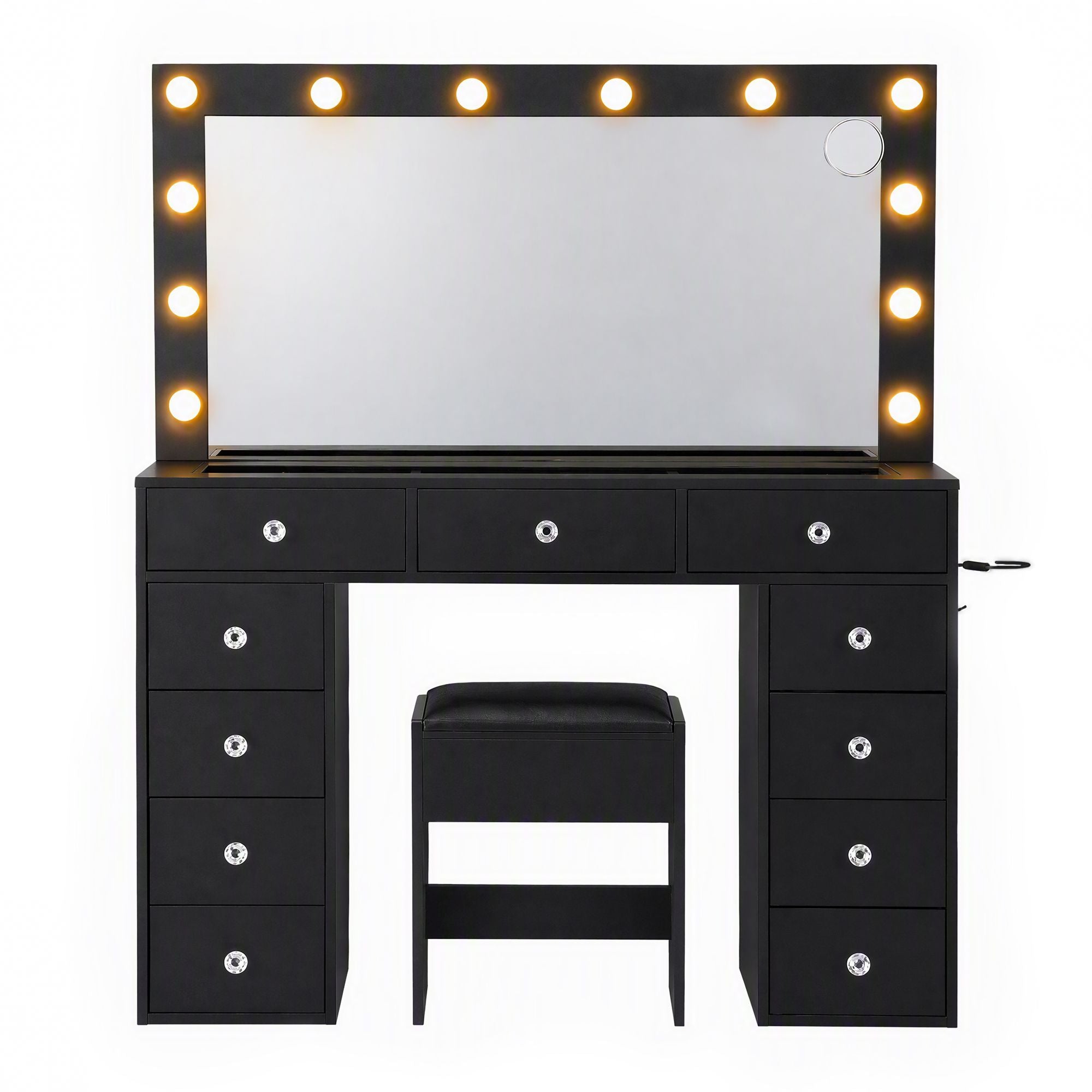 Artiss Dressing Table Charging Station LED Vanity Desk Set Stool Glass Top Make up Mirror Storage Drawer Black