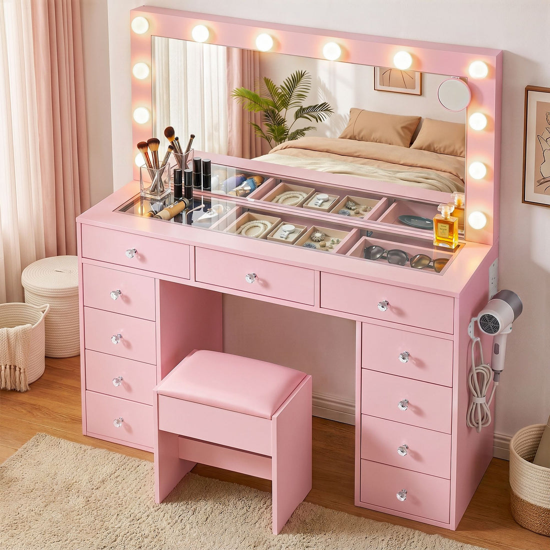 Artiss Dressing Table Charging Station LED Vanity Desk Set Stool Glass Top Make up Mirror Storage Drawer Pink-Furniture > Bedroom > Dressing Vanity &amp; Dressing Tables-PEROZ Accessories