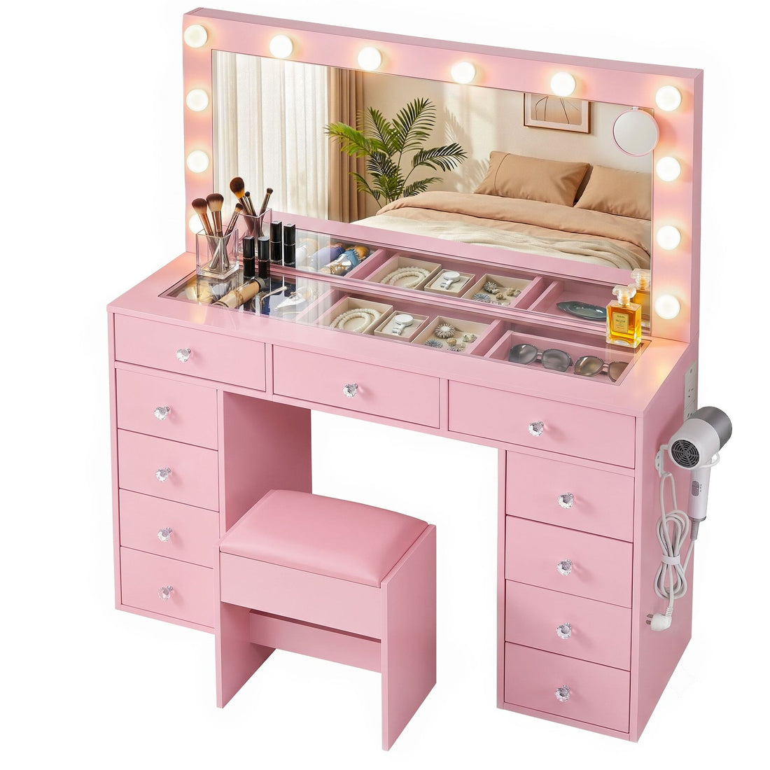Artiss Dressing Table Charging Station LED Vanity Desk Set Stool Glass Top Make up Mirror Storage Drawer Pink-Furniture > Bedroom > Dressing Vanity &amp; Dressing Tables-PEROZ Accessories