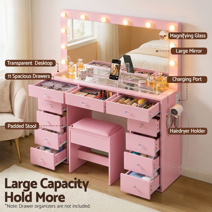 Artiss Dressing Table Charging Station LED Vanity Desk Set Stool Glass Top Make up Mirror Storage Drawer Pink