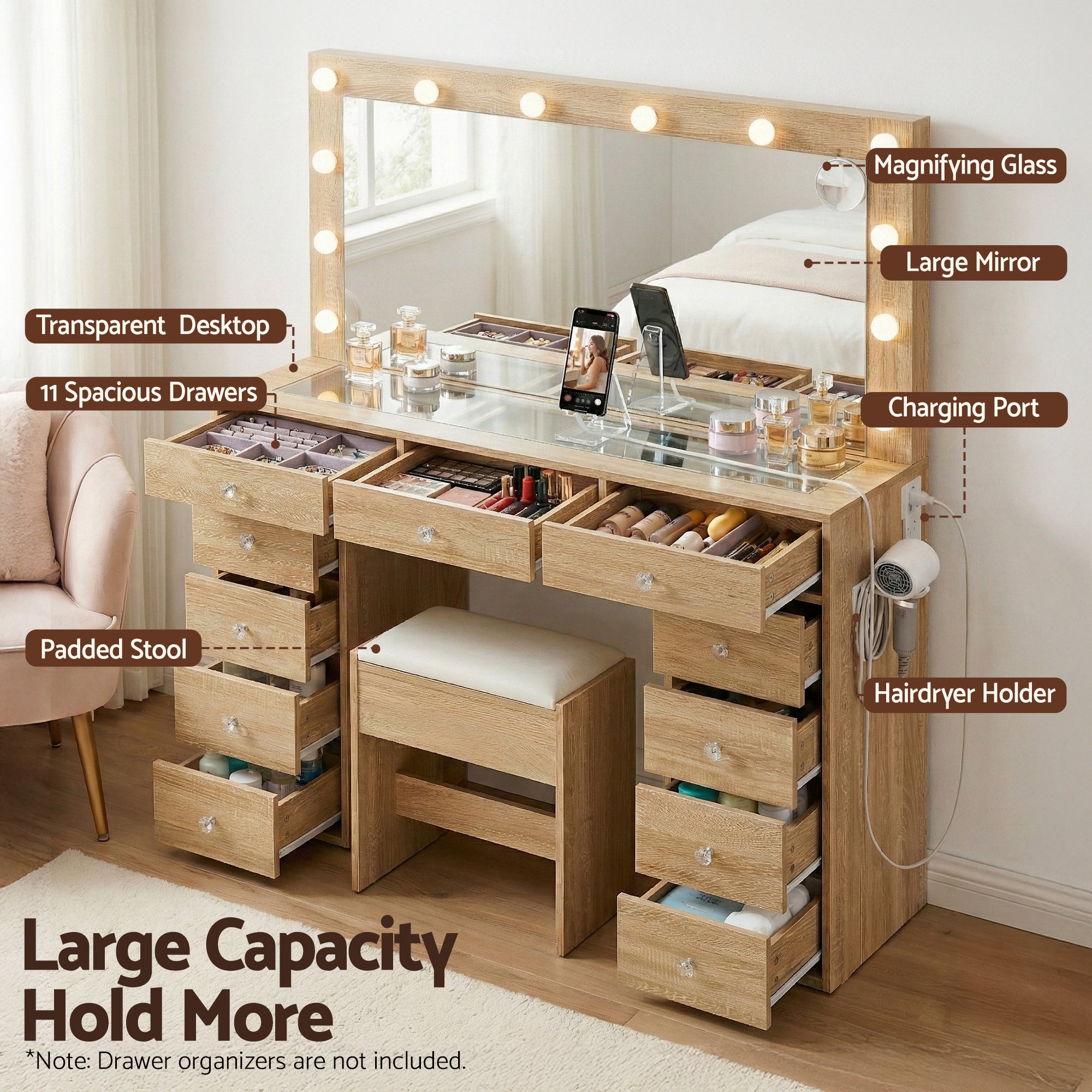 Artiss Dressing Table Vanity Desk Set Stool LED Bulbs Wood-Furniture > Bedroom > Dressing Vanity &amp; Dressing Tables-PEROZ Accessories
