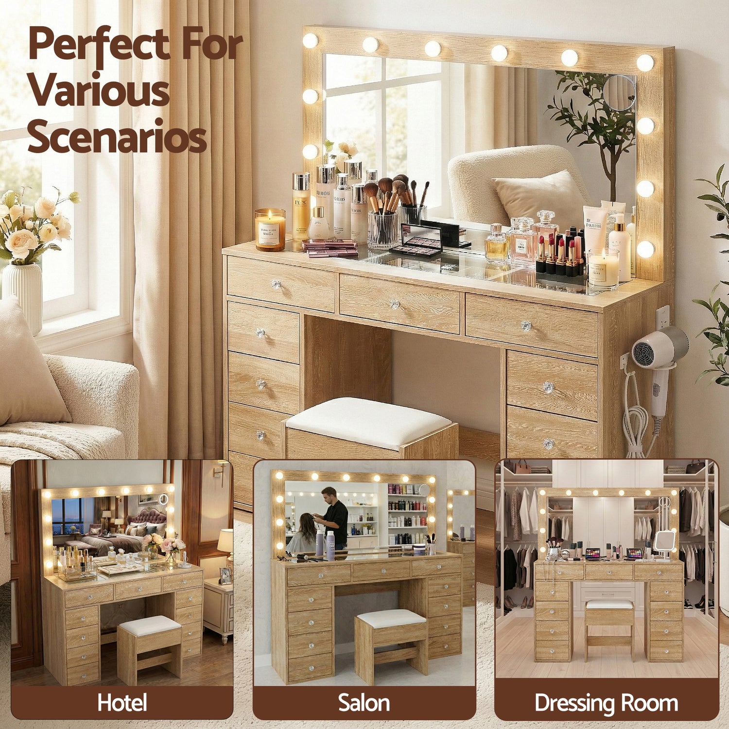 Artiss Dressing Table Vanity Desk Set Stool LED Bulbs Wood-Furniture > Bedroom > Dressing Vanity &amp; Dressing Tables-PEROZ Accessories
