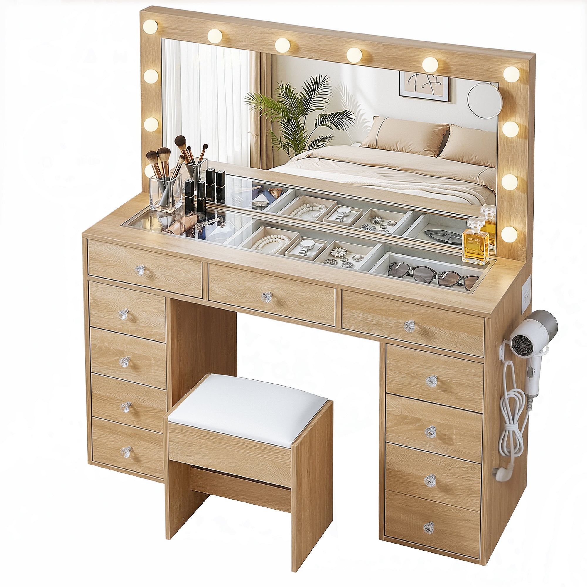 Artiss Dressing Table Vanity Desk Set Stool LED Bulbs Wood-Furniture > Bedroom > Dressing Vanity &amp; Dressing Tables-PEROZ Accessories