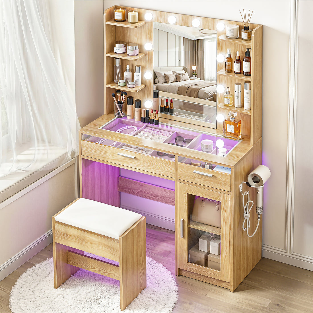 Artiss Dressing Table Vanity Desk Set 10 LED Bulbs RGB Light Wood-Furniture > Bedroom > Dressing Vanity &amp; Dressing Tables-PEROZ Accessories