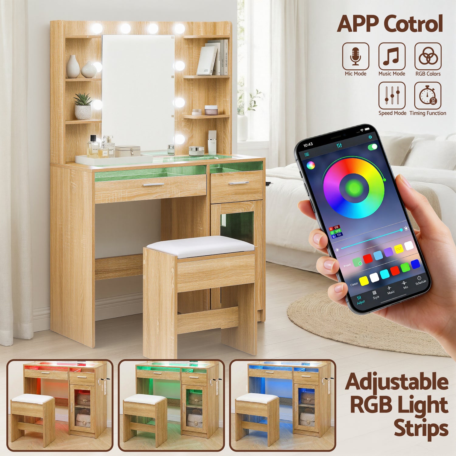 Artiss Dressing Table Vanity Desk Set 10 LED Bulbs RGB Light Wood-Furniture > Bedroom > Dressing Vanity &amp; Dressing Tables-PEROZ Accessories