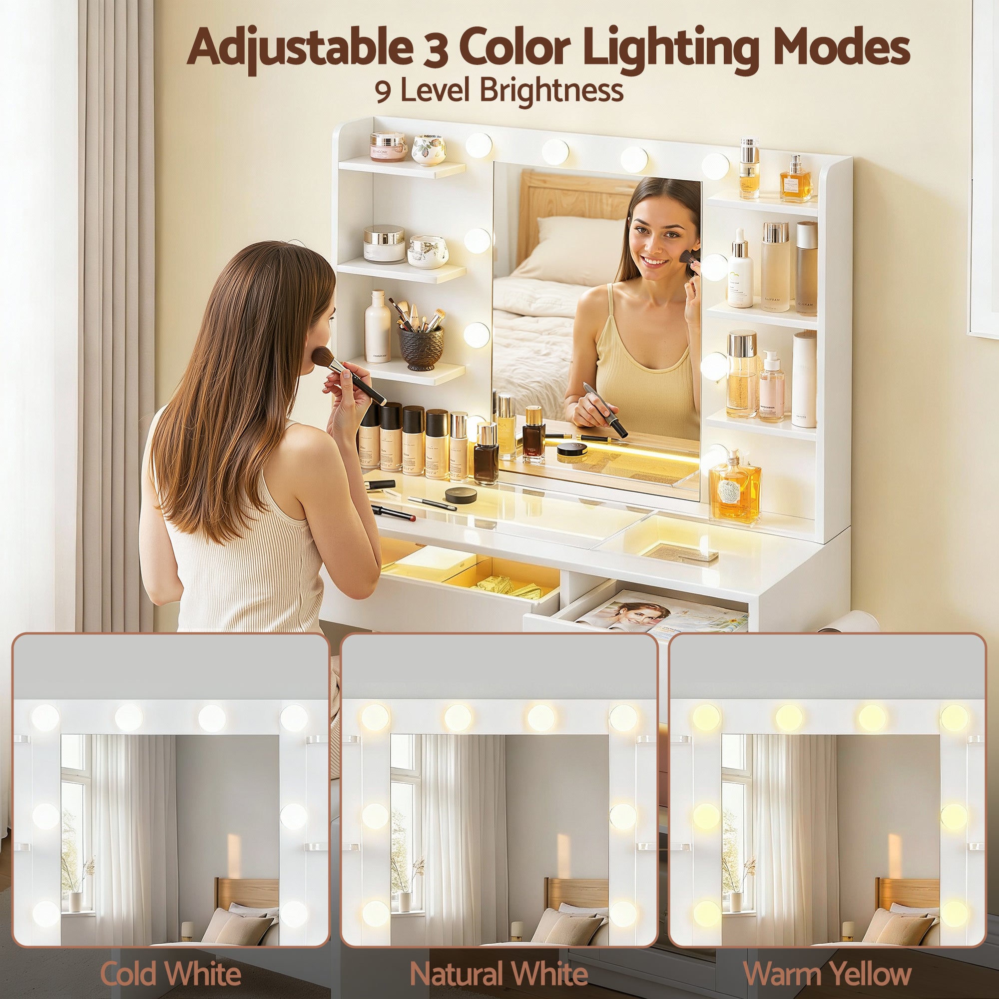 Artiss Dressing Table Vanity Desk Set 10 LED Bulbs RGB Light White-Furniture > Bedroom > Dressing Vanity &amp; Dressing Tables-PEROZ Accessories
