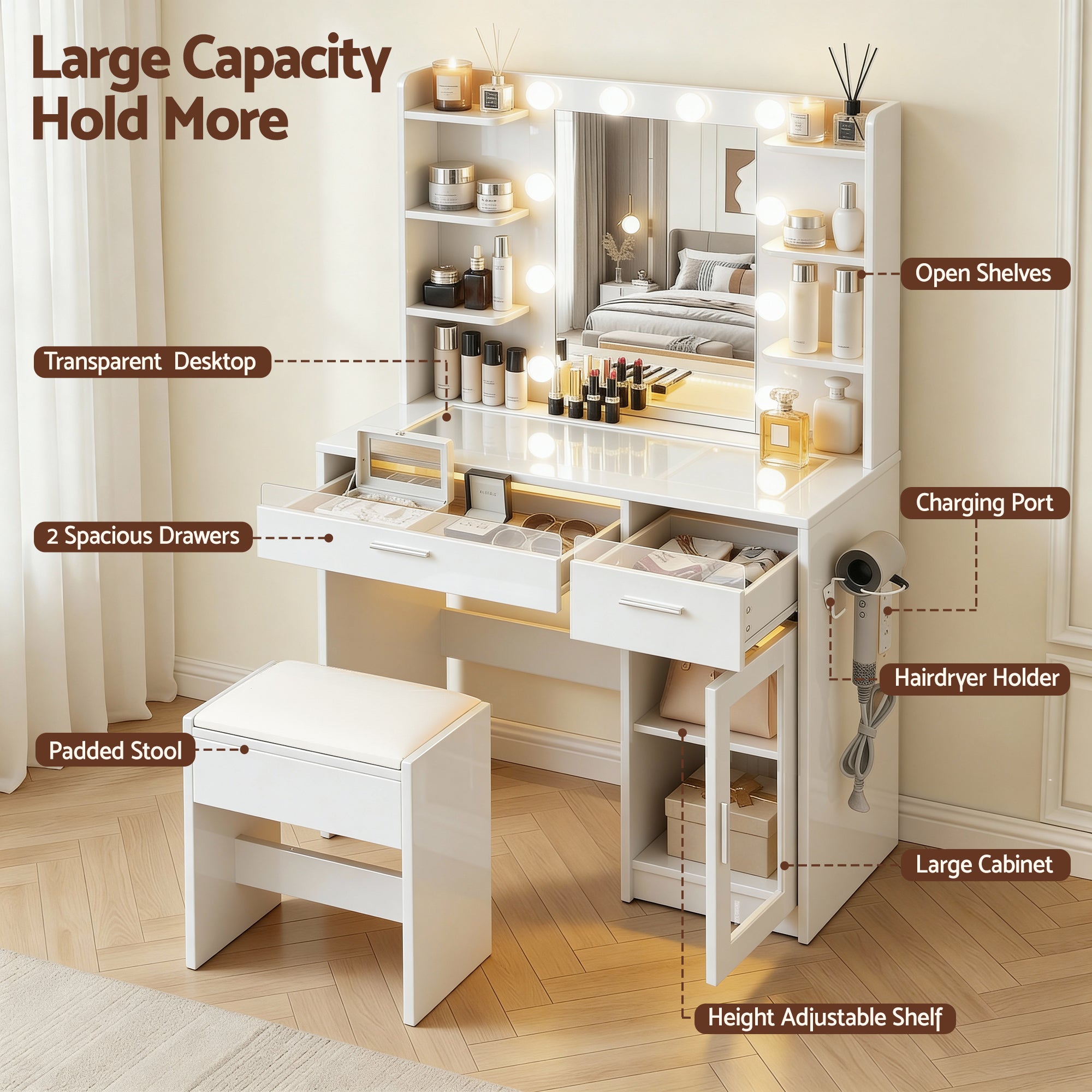 Artiss Dressing Table Vanity Desk Set 10 LED Bulbs RGB Light White-Furniture > Bedroom > Dressing Vanity &amp; Dressing Tables-PEROZ Accessories