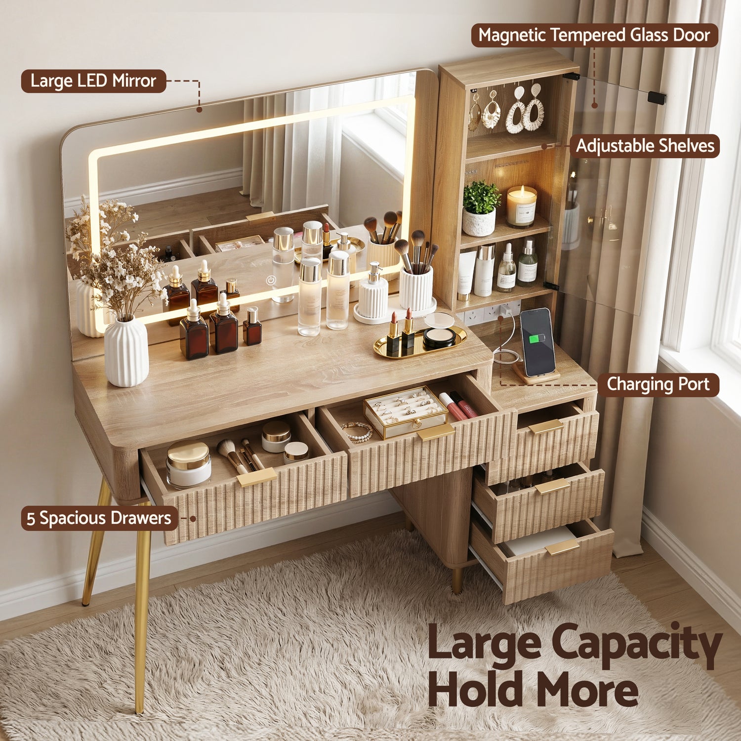 Artiss Dressing Table LED Vanity Desk Charging Station Wood-Furniture > Bedroom > Dressing Vanity &amp; Dressing Tables-PEROZ Accessories