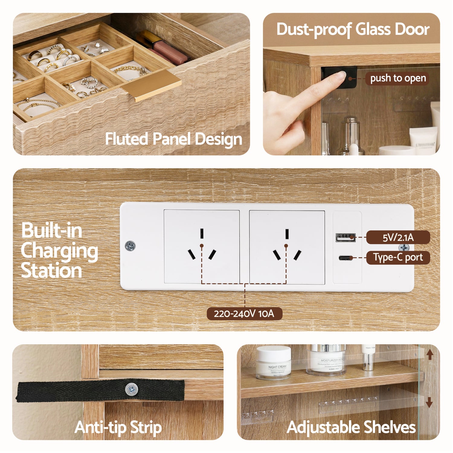 Artiss Dressing Table LED Vanity Desk Charging Station Wood-Furniture > Bedroom > Dressing Vanity &amp; Dressing Tables-PEROZ Accessories
