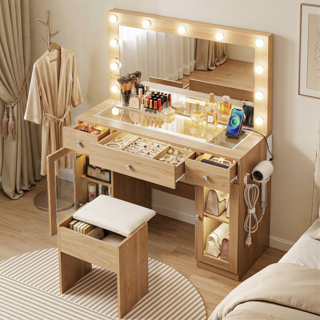 Artiss Dressing Table Vanity Desk Set LED Bulbs RGB Light Wood-Furniture > Bedroom > Dressing Vanity &amp; Dressing Tables-PEROZ Accessories