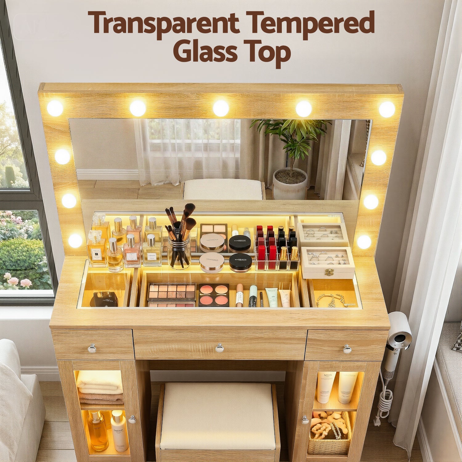 Artiss Dressing Table Vanity Desk Set LED Bulbs RGB Light Wood-Furniture > Bedroom > Dressing Vanity &amp; Dressing Tables-PEROZ Accessories