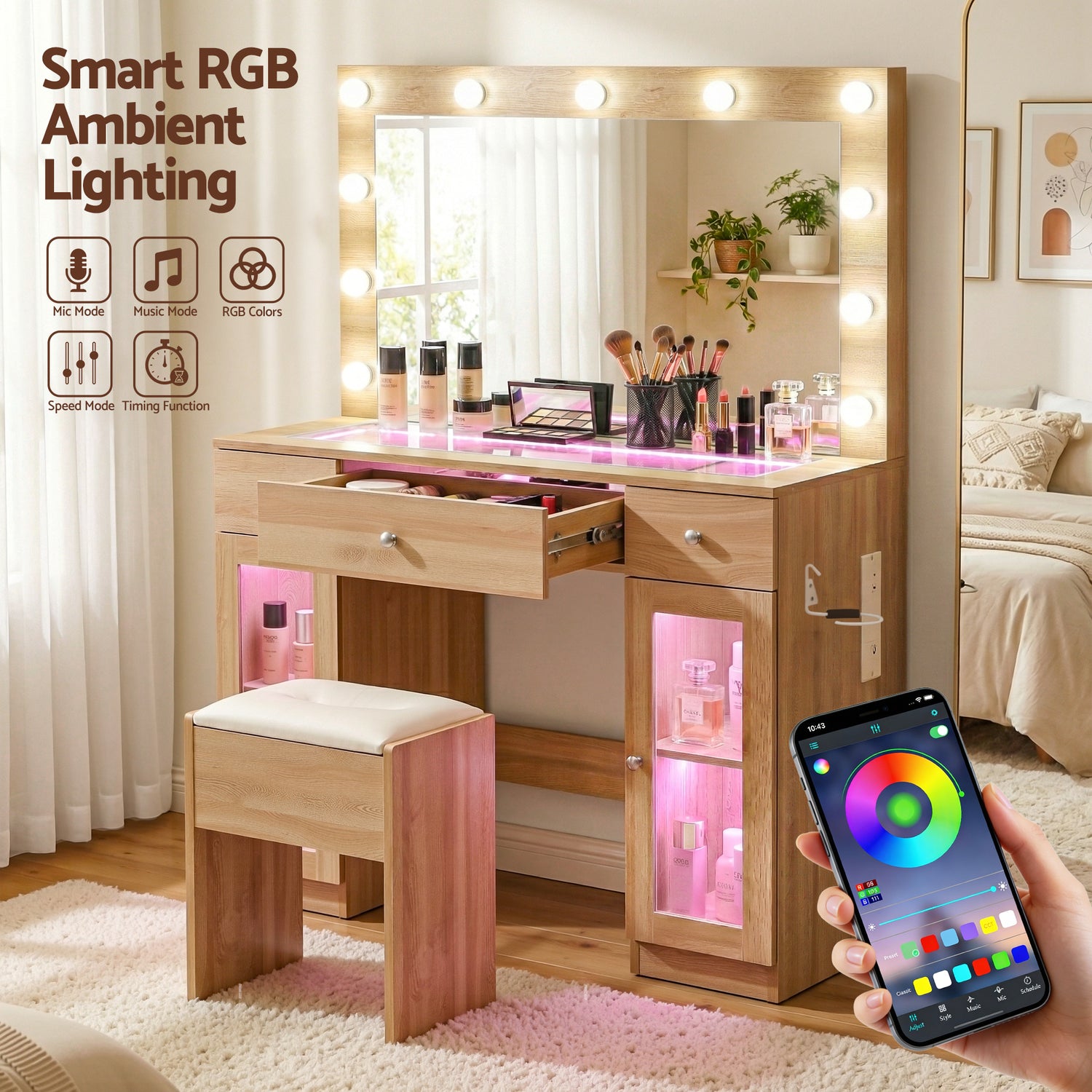 Artiss Dressing Table Vanity Desk Set LED Bulbs RGB Light Wood-Furniture > Bedroom > Dressing Vanity &amp; Dressing Tables-PEROZ Accessories