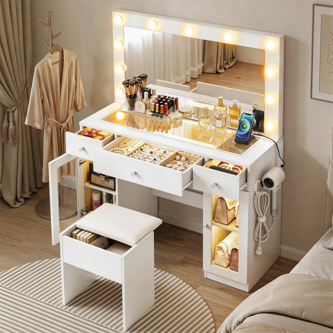 Artiss Dressing Table Vanity Desk Set LED Bulbs RGB Light White-Furniture > Bedroom > Dressing Vanity &amp; Dressing Tables-PEROZ Accessories