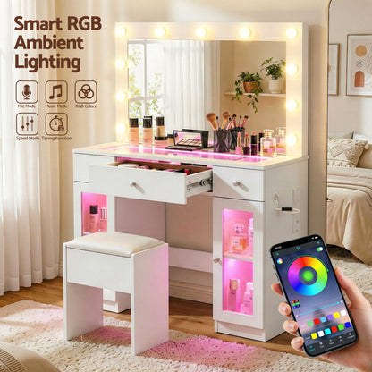 Artiss Dressing Table Vanity Desk Set LED Bulbs RGB Light White-Furniture > Bedroom > Dressing Vanity &amp; Dressing Tables-PEROZ Accessories