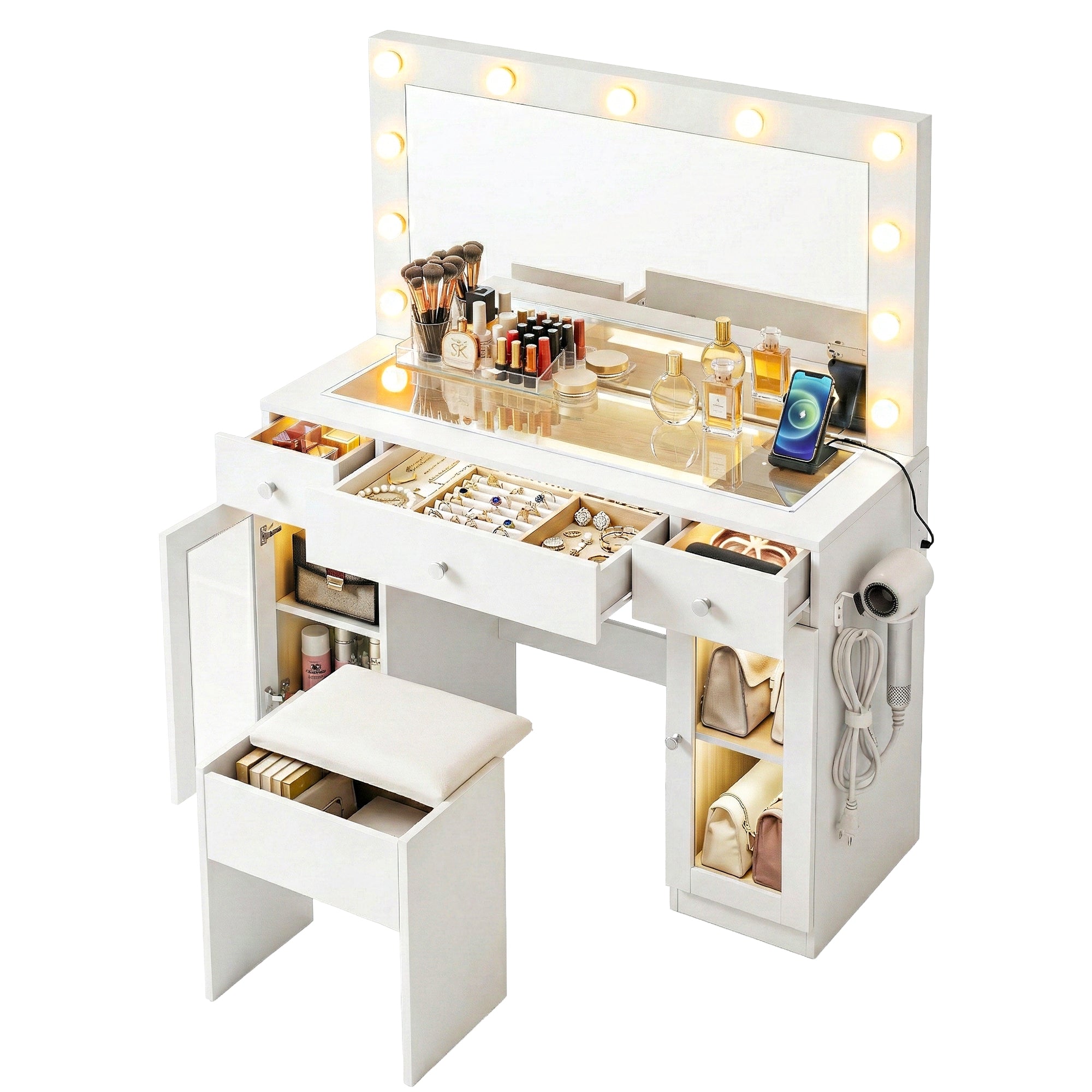 Artiss Dressing Table Vanity Desk Set LED Bulbs RGB Light White-Furniture > Bedroom > Dressing Vanity &amp; Dressing Tables-PEROZ Accessories